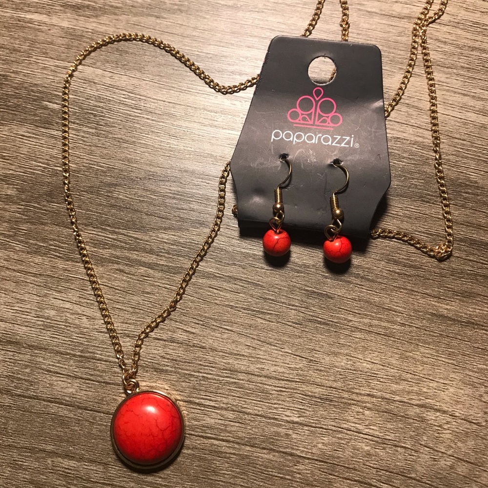 4 for $20 Gold with Red Crackled Stone Necklace & Earrings